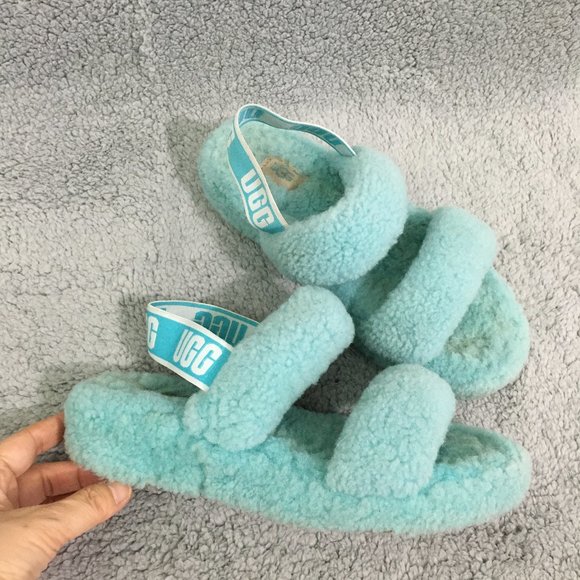 UGG Fluff Yeah Slide Slipper Elastic Sling Back Green/Mint Womens 7.5 Sheepskin - Picture 1 of 12